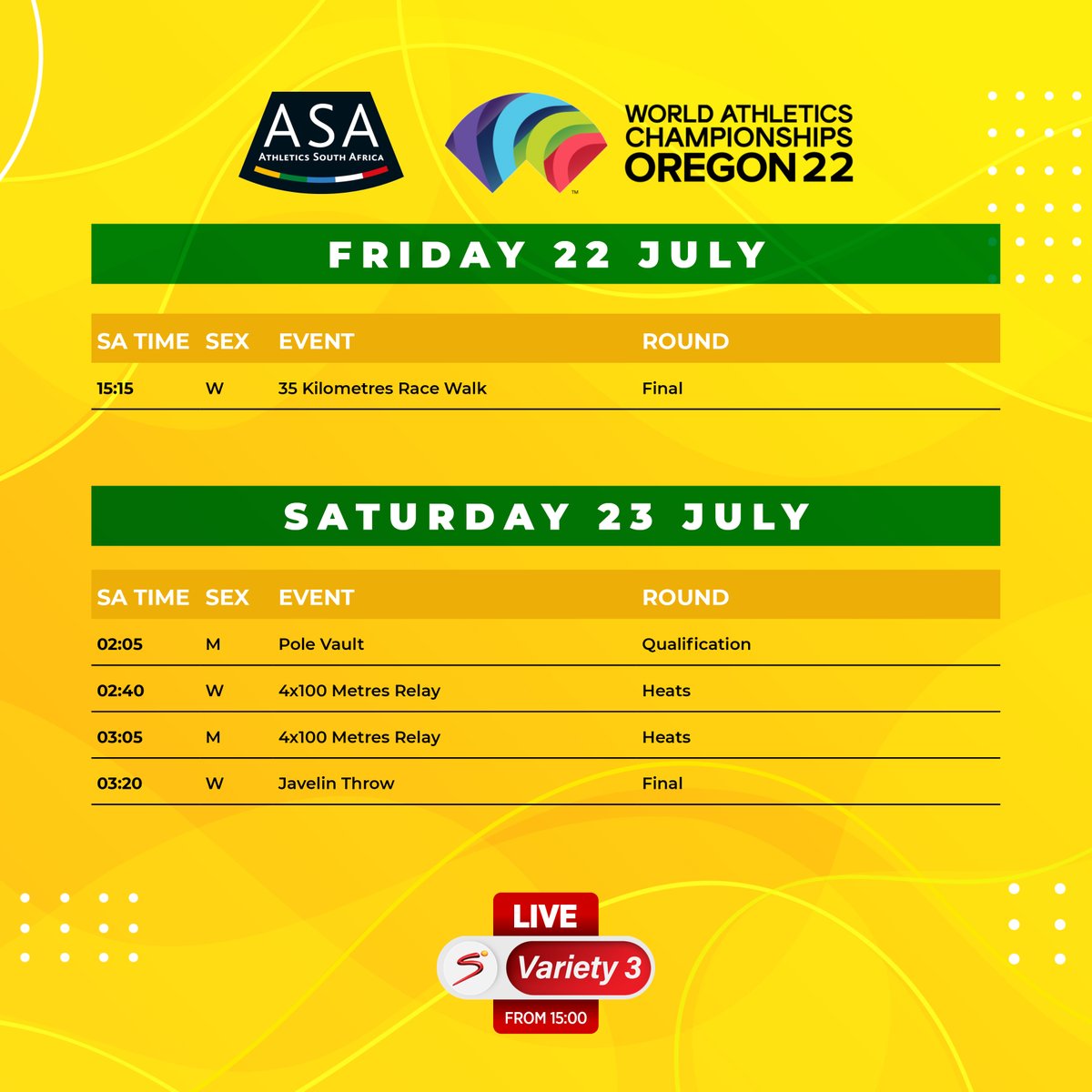 AthleticsSA_'s tweet photo. Schedule for Day 8 of the 2022 World Athletics Track &amp; Field Championships being held in Eugene, Oregon.
#WorldT&amp;FChamps #BringItHomeMzansi #Oregon22 https://t.co/dsfGqb04He