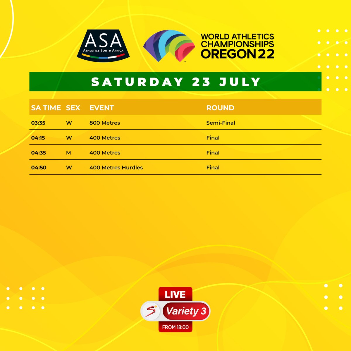 AthleticsSA_'s tweet photo. Schedule for Day 8 of the 2022 World Athletics Track &amp; Field Championships being held in Eugene, Oregon.
#WorldT&amp;FChamps #BringItHomeMzansi #Oregon22 https://t.co/dsfGqb04He