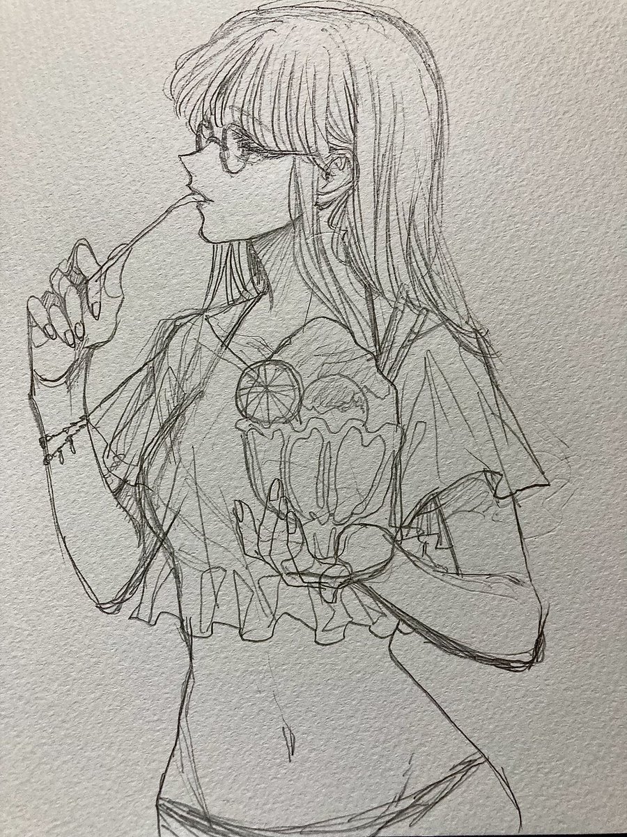 こういう感じもいいなぁ🤔 かき氷は🍋とか  #ラフ #wip #途中イラ #創作