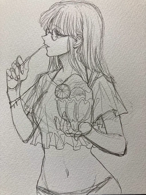 こういう感じもいいなぁ🤔 かき氷は🍋とか  #ラフ #wip #途中イラ #創作