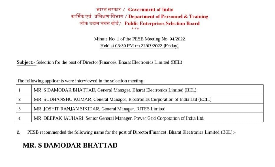 Heartiest Congratulations to *Shri DAMODAR BHATTAD S* Sir on being recommended for the post of Director (Finance) /Bharat Electronics Limited 💐💐💐