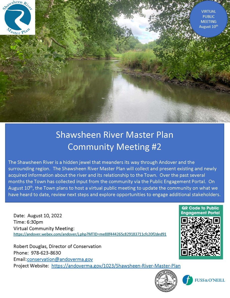 Please join the Town of Andover for the second community meeting on the Shawsheen River Master Plan on Wednesday, August 10th at 6:30 p.m. and add your thoughts to our Community Engagement Portal.