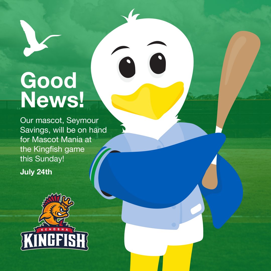 NorthShoreBank's tweet photo. Good news!
Our mascot, Seymour Savings, will be on hand for Mascot Mania at the Kenosha Kingfish game this Sunday, 7/24.
Hope to see you there!
https://t.co/BNIXos6aZg
#kenoshakingfish #mascot https://t.co/0zluFi5kBY