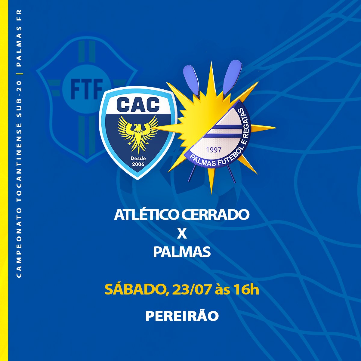 Neste sábado (23) tem mais um desafio pelo Tocantinense Sub 20! O tricolor está com 100% de aproveitamento e vai em busca de mais uma vitória na competição! Pra cima !!💛💙 #NossaBase #PalmasFR #TocantinenseSub20