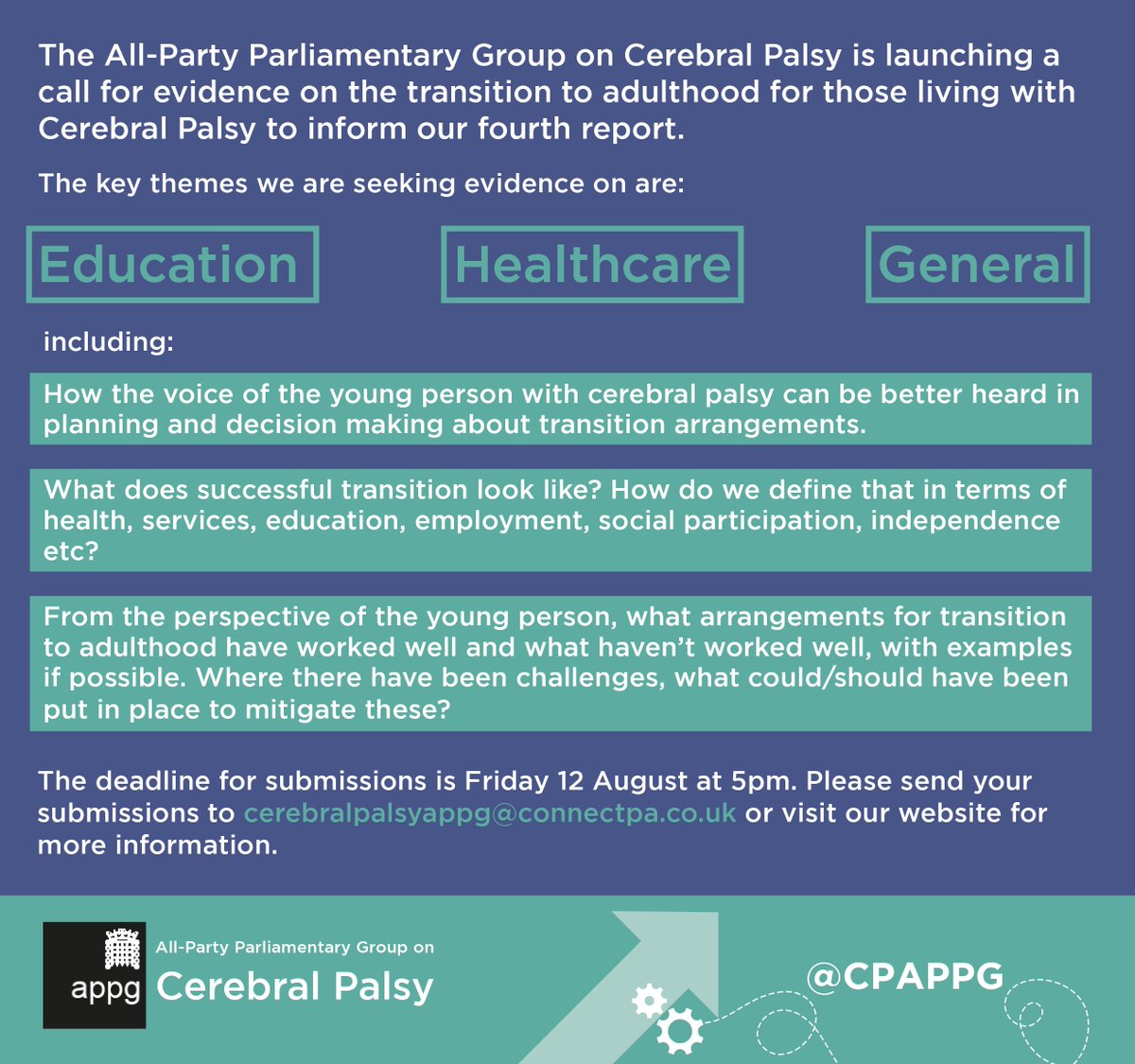 <a href="/CPAPPG/">APPG on Cerebral Palsy</a> is extending their call for evidence on transitioning to adulthood with #CerebralPalsy until 12 August. 

Read more here: ow.ly/1Zys50K1a49 

#APPGonCP