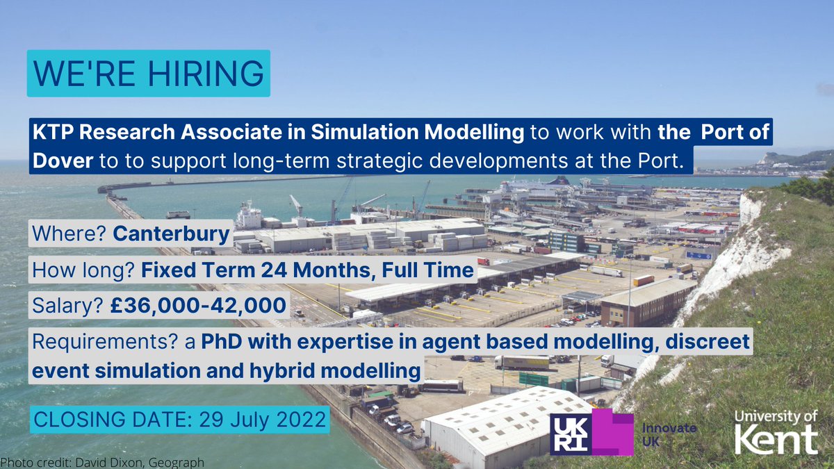 UniKentKEI's tweet photo. We're seeking a PhD graduate (or someone close to completion) with #SimulationModelling expertise to lead a 2-year #KnowledgeTransferPartnership with Europe’s busiest roll-on / roll-off ferry port, the @Port_of_Dover.

Apply here before 29 July:

https://t.co/bdqaSIJTQz https://t.co/JbXGUey3VC