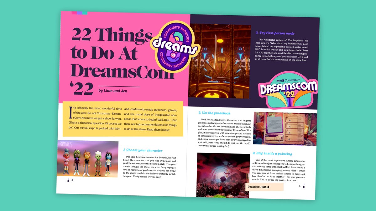 mediamolecule's tweet photo. The #DreamsCom22 Companion Magazine is OUT NOW! 📢

It's your guide to this year's coMmunity-first summertime games expo!

🌟 Top DreamsCom tips
🖋️ Articles from our Molecules
🖌️ Activities &amp; Crafts
🌈 &amp; so much moreeee!

📖👉 Read it NOW: https://t.co/tHjO2K0qBo

#MadeInDreams https://t.co/x0oNdbg2Wa