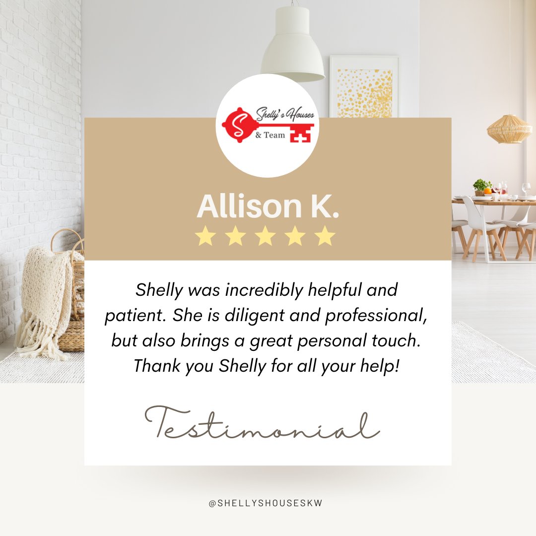 #FiveStarFriday! ⭐️⭐️⭐️⭐️⭐️

Thank you for your kind words, Allison! It was a pleasure working with you! We really appreciate your business and helping to share the word about your experience. 😍

#ShellyVerner #shellyshouseskw #realtor #happyclients #clientreview