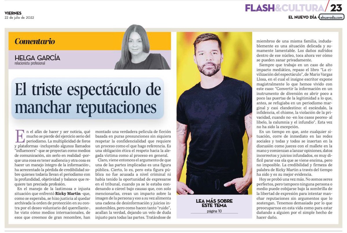 helgagarcia's tweet photo. Les comparto mi más reciente columna para @ElNuevoDia sobre #RickyMartin  “El triste espectáculo de manchar reputaciones”. https://t.co/0KXXeCFgPA