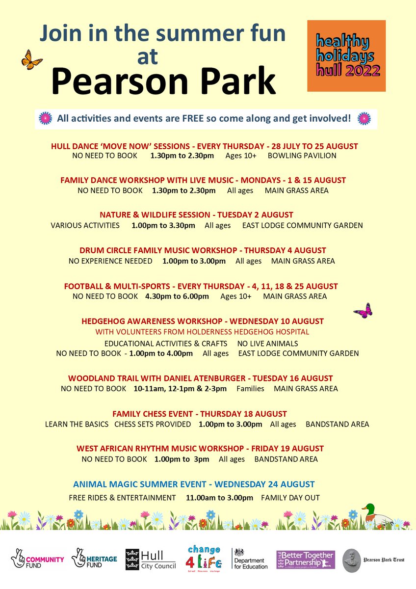 Hullzoos's tweet photo. There are a huge range of activities to join in with at @pearsonparkhull this summer. All activities and events are free and there is something for everyone!

@Healthyholshull #HAF2022 https://t.co/WM0903odD4