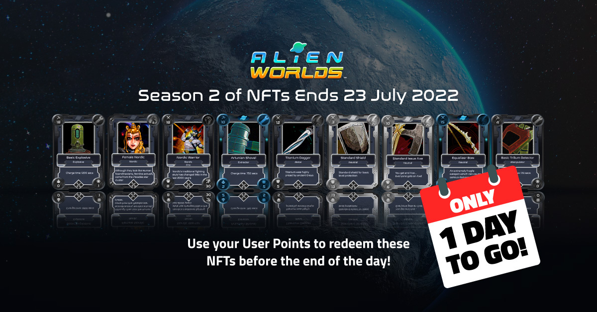 AlienWorlds's tweet photo. Did you know that each month the NFTs you can claim with your hard earned user points rotates? Not all NFTs will return for Season 3, including some Rare Tools, so redeem your desired NFTs from Season 2 now while they’re still available! 

https://t.co/pDBQSMJLPB

#alienwords https://t.co/boQqw7skGh