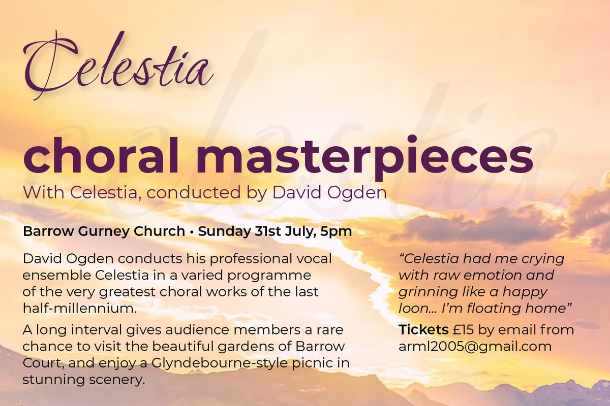 Celestia is back - after our concert for <a href="/MusicQuantocks/">Music on the Quantocks 🎵 the early music republic</a> in May, we recorded an album at <a href="/RealWorldStudio/">Real World Studios</a> two weeks ago, and our next concert is at Barrow Gurney Church on Sunday 31st July

Tickets £15 by email from arml2005@gmail.com