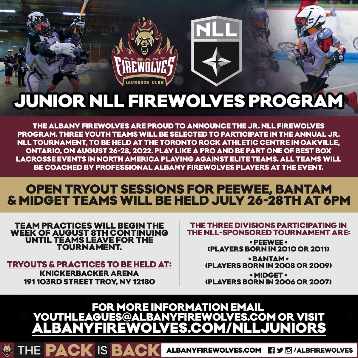 Albany FireWolves Lacrosse Club (@albfirewolves) on Twitter photo The Albany FireWolves are proud to announce the Jr NLL FireWolves program! Open tryout sessions for Peewee, Bantam and Midget teams will be held July 26-28th at 6pm. You can visit the link below or email YouthLeagues@AlbanyFireWolves.com for more information!🔥🐺🥍 The Albany FireWolves are proud to announce the Jr NLL FireWolves program! Open tryout sessions for Peewee, Bantam and Midget teams will be held July 26-28th at 6pm. You can visit the link below or email YouthLeagues@AlbanyFireWolves.com for more information!🔥🐺🥍