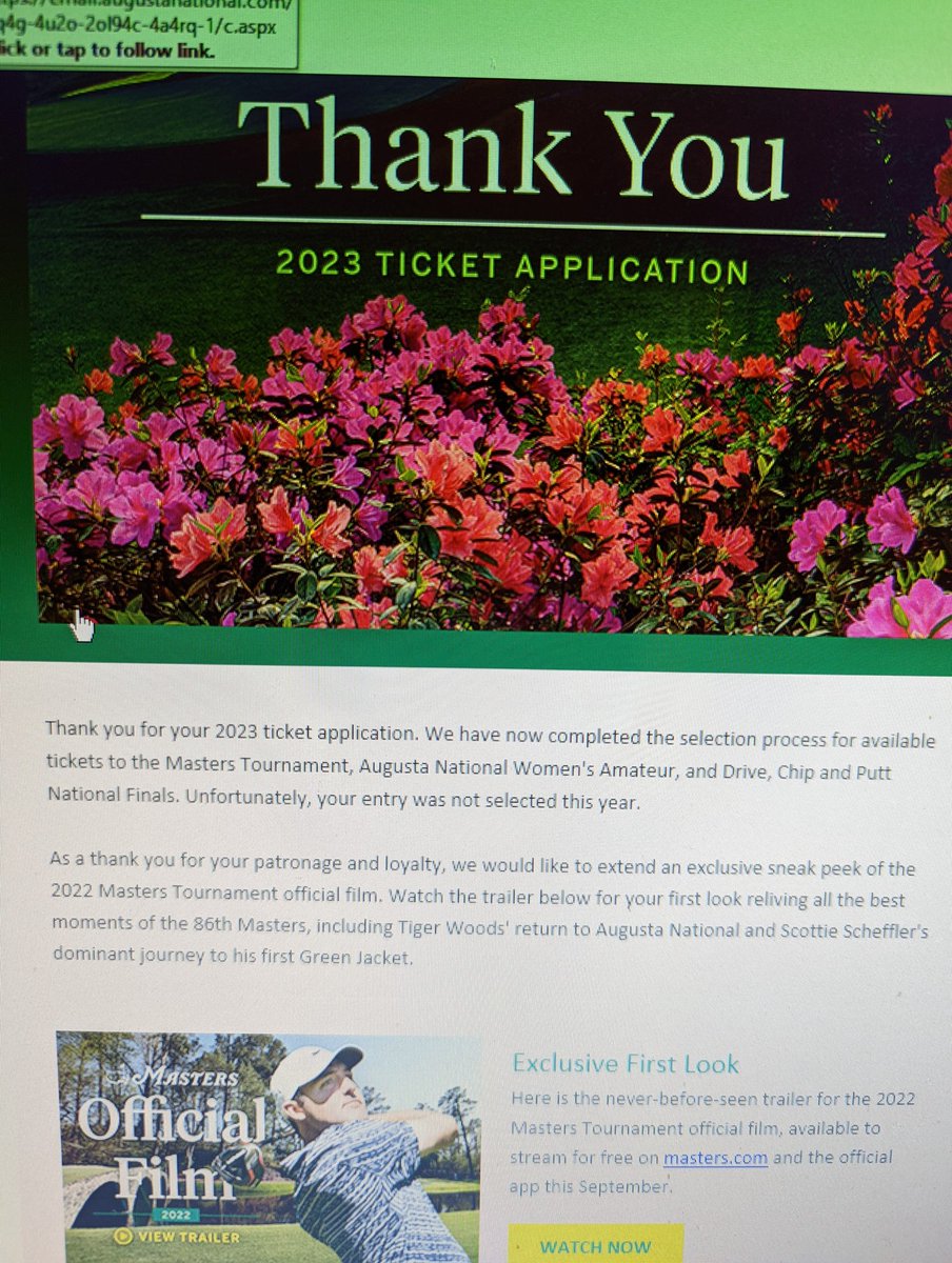 The most reliable aspect of my life; getting turned down for tickets to the Masters!