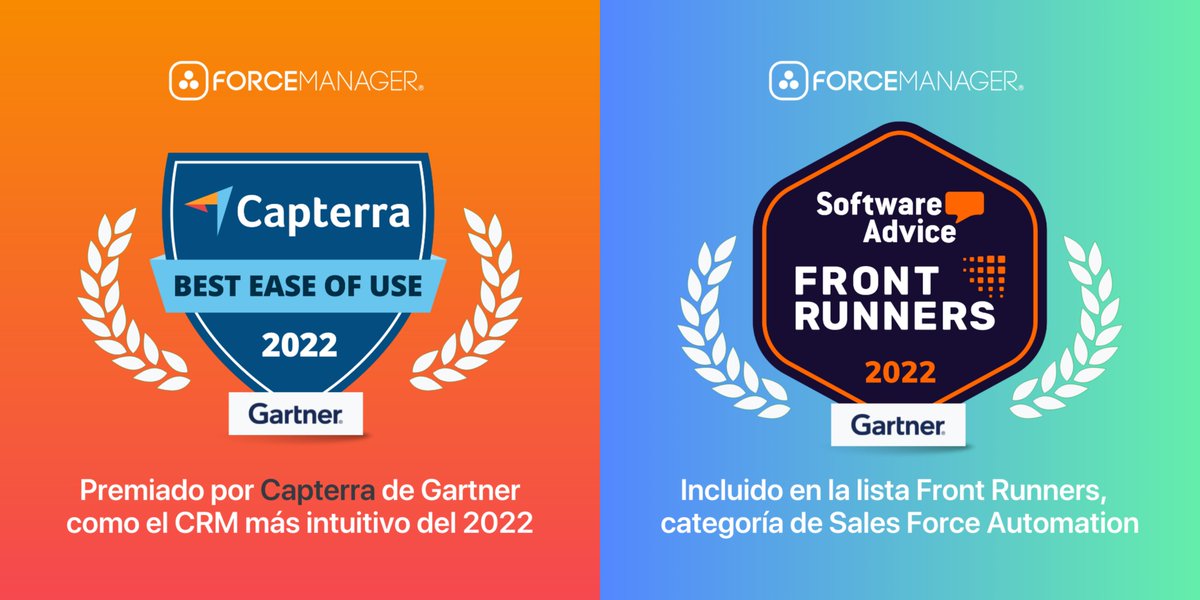Capterra (Gartner) ha premiado a #ForceManager como el #CRM de #ventas más intuitivo del 2022 🚀 bit.ly/3RVMGM6 🚀 Y además Software Advice (también de Gartner) nos ha incluido en la lista de #FrontRunners en la categoría de Sales Force Automation. GRACIAS👏👏👏