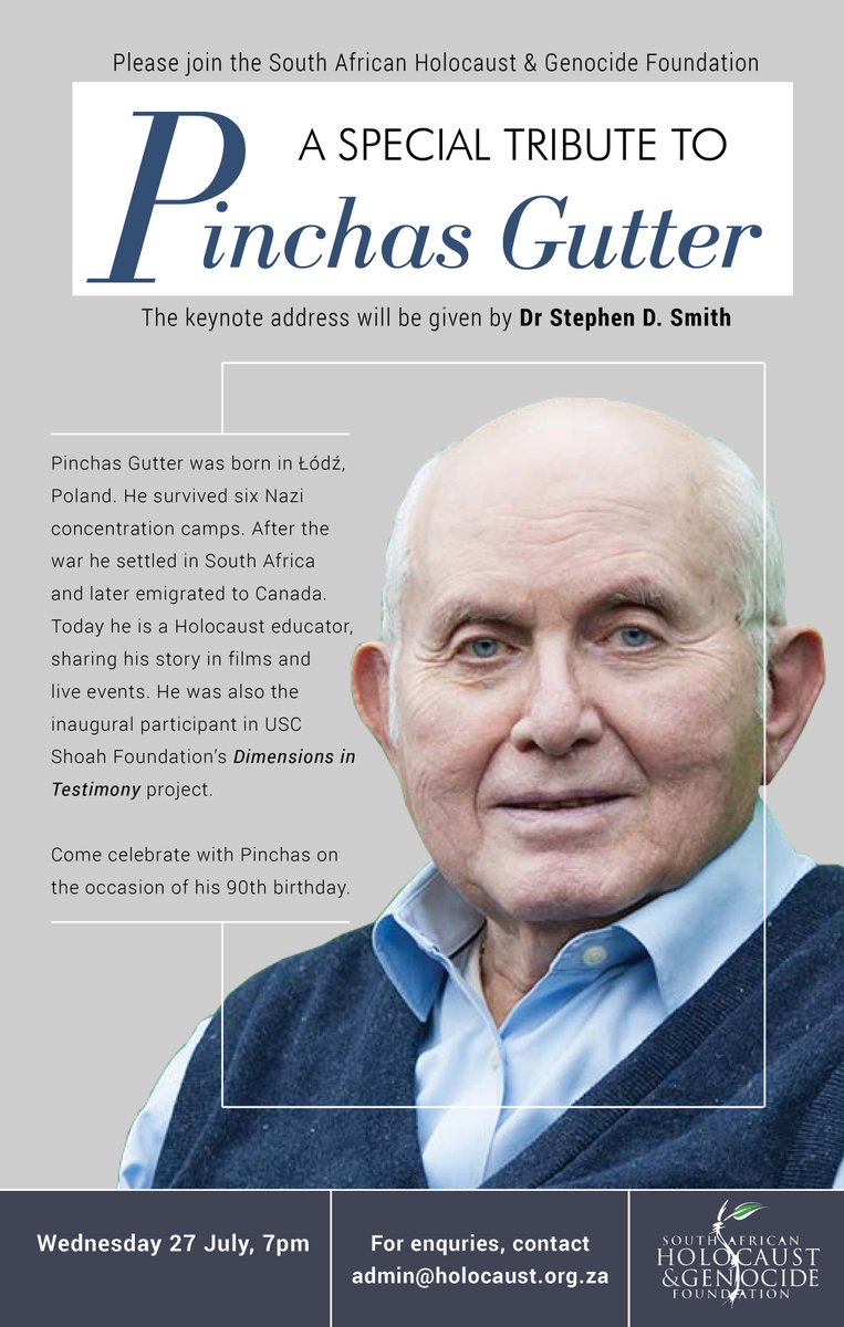 CTHGCentre's tweet photo. Join us for a webinar on Wednesday 27 July at 7pm as we honour Holocaust survivor Pinchas Gutter on the occasion of his 90th birthday. The keynote speaker will be Dr Stephen D. Smith. Register for the Zoom event by using the link: https://t.co/lDN9UWXVJO https://t.co/639T4V0urj