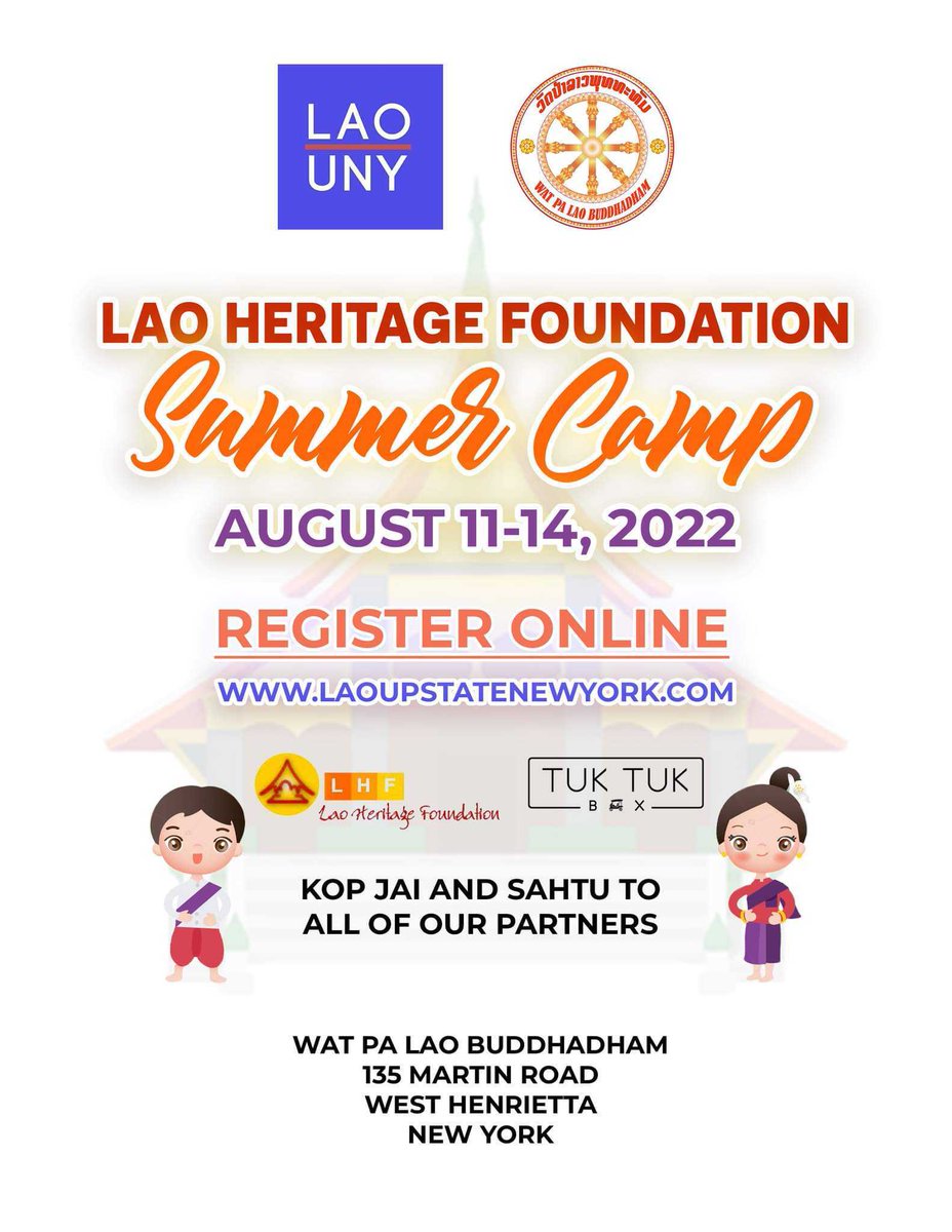 Lao Heritage Summer Camp is August 11th - 14th! Details in link:

fb.me/e/54hUYTeIU

#Laos #Lao #UpstateNY #KidsSummerCamp