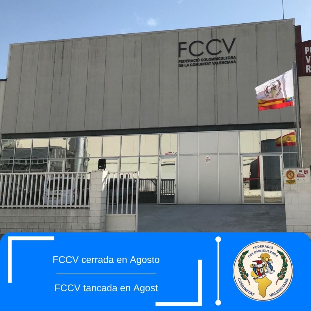 fedcolombicv's tweet photo. La Federación de Colombicultura de la Comunidad Valenciana, permanecerá cerrada en Agosto por periodo de vacaciones, toda la información para tramites o urgencias a la web.

https://t.co/mWdPa6ugE7 https://t.co/INAPkM0Rw6
