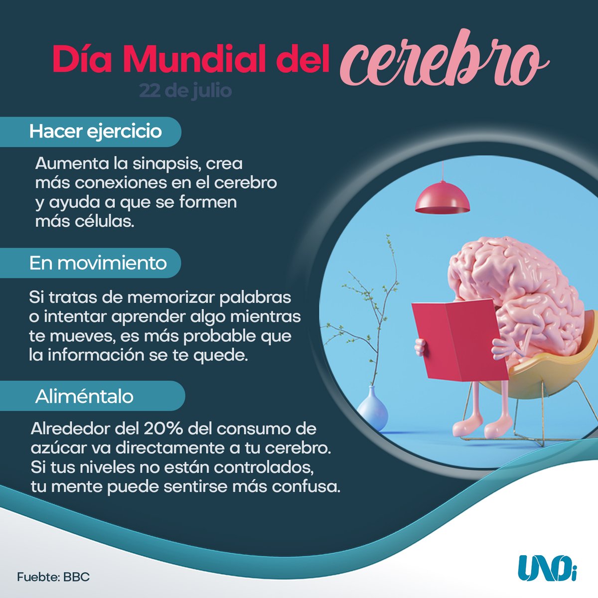 #DíaMundialDelCerebro Reduce el estrés, los malos pensamientos y aliméntate sanamente. <a href="/UNOint/">UNOi</a> #Cerebro #UNOiMéxico