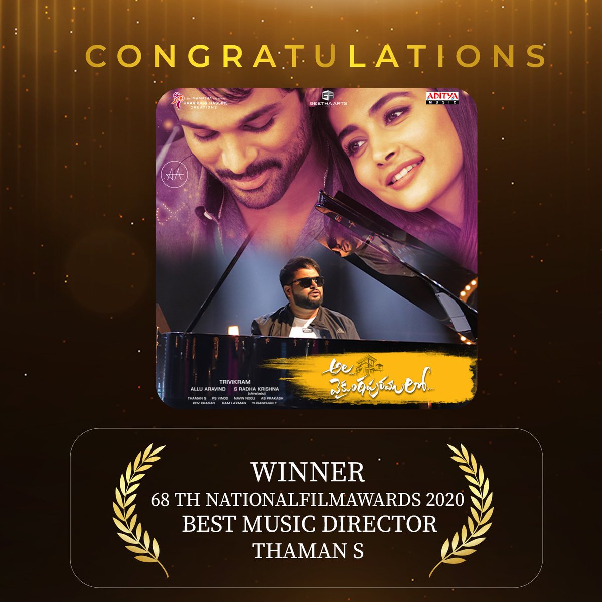 adityamusic's tweet photo. The extremely talented composer @musicthaman wins big at #68thNationalFilmAwards. #ThamanS best music direction (songs) for #AVPL. Hearty congratulations to the whole team🤗 

Super Delighted &amp; A Proud Moment 

@alluarjun #Trivikram @hegdepooja
@Nivetha_Tweets @iamSushanthA https://t.co/tXufFBDAIo