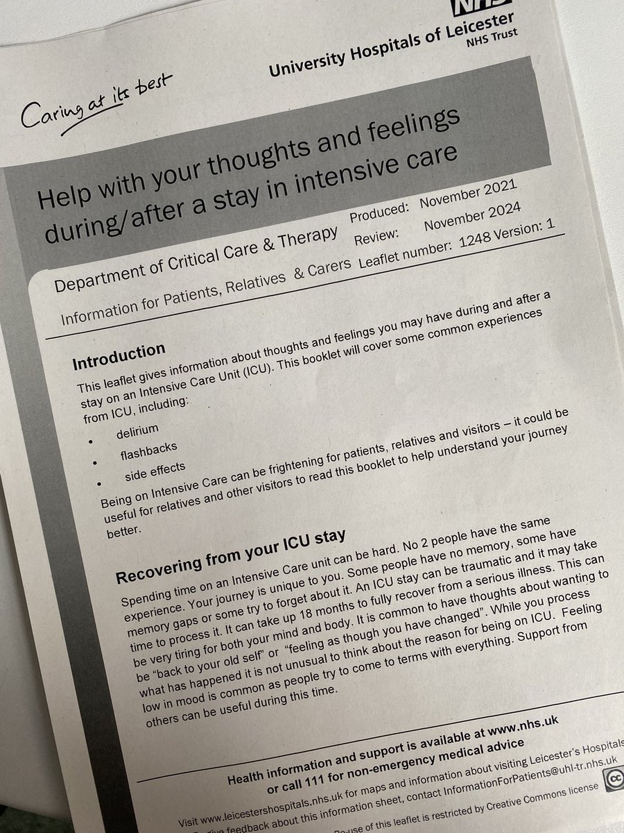 An @AicuLri patient was struggling with anxiety this morning; several admissions to other ICU’s over the years experiencing delirium & hallucinations but never educated. Being told that a booklet you’ve created is ‘life changing’ is a priceless feeling. #ICURehabDay22 @harper_l7