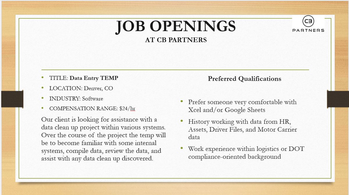 CBPartnersLLC1's tweet photo. Our client has a Data Entry Temp position available in Downtown Denver. Parking is paid for! If you or someone you know is interested email Nicole at nicole.hamm@cbpsearch.com #hiring https://t.co/sFM9yWINW7