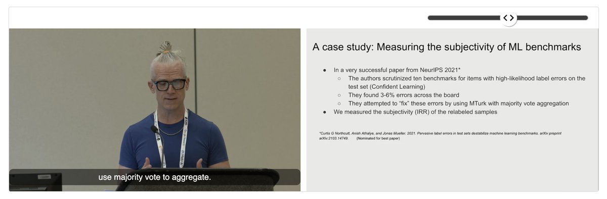 laroyo's tweet image. #KurtBollacker presenting at the #DataPerf #Workshop @icmlconf --&amp;gt; proposing #ML #Benchmark #Subjectivity index &amp;amp; issuing a call for action share your ideas for subjectivity measures and new raw benchmarks datasets @DataCentric_AI @DataCentricAI @MLCommons @DataPerf