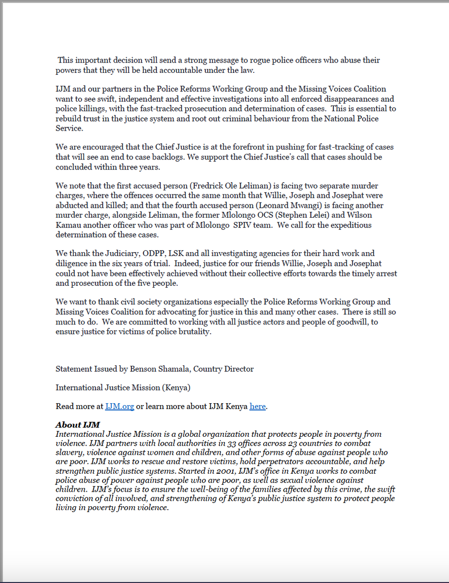 Statement by <a href="/IJMKenya/">International Justice Mission Kenya</a> following the conviction of three police officers and a civilian for the murder of lawyer Willie Kimani, Joseph Muiruri and Josephat Mwenda by Justice Jessie Lessit. #JusticeNow.