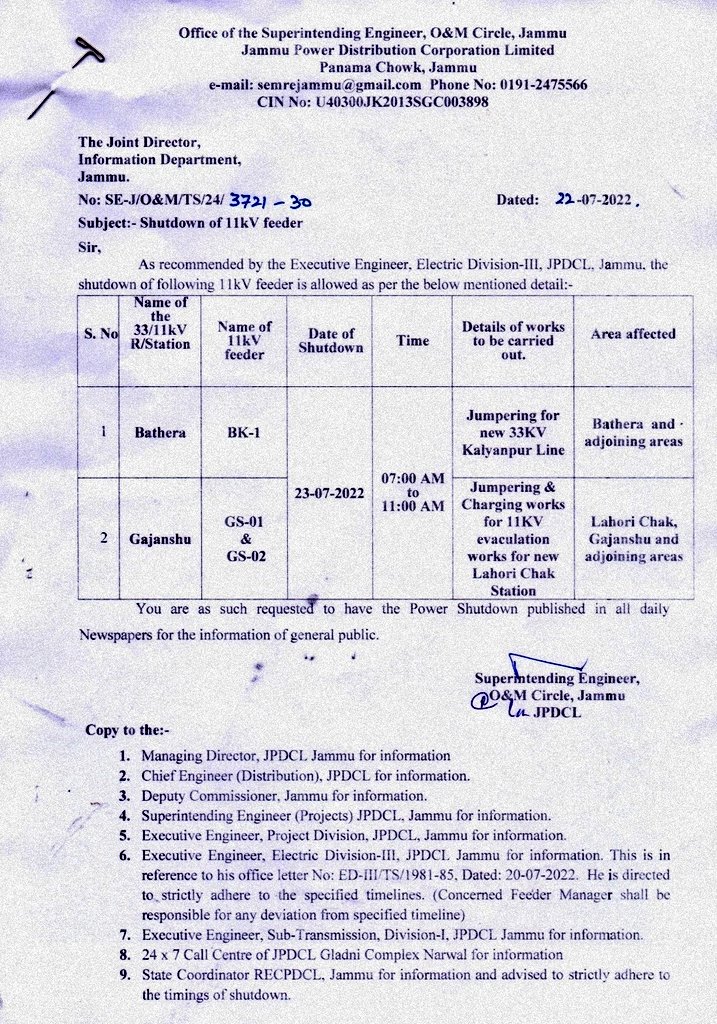 #POWER #SHUTDOWN
<a href="/pddjkofficial/">Power Development Department, J&K</a>
<a href="/diprjk/">Information & PR, J&K</a> 
@ChairmanJPDCL 
<a href="/JPDCLofficial/">Jammu Power DISCOM</a> 
<a href="/ChiefJammu/">Chief Engineer Distribution, JPDCL Jammu</a> 
<a href="/IstXen/">XEN ED Ist Parade</a>
<a href="/XENJPDCLEDII/">Executive Engineer Electric Division-II, JPDCL</a>
<a href="/ED3JPDCL/">Electric Division-III, JPDCL</a>
<a href="/ITJPDCL/">IT&C Division, JPDCL; J&K PDD, Jammu</a>