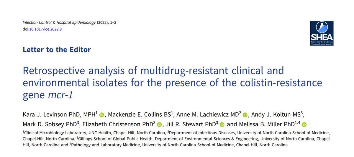 Infection Control & Hospital Epidemiology (@ichejournal) on Twitter photo New today from @melmillerphd, <a href="/anne_lachiewicz/">Anne Lachiewicz</a> and colleagues at <a href="/UNC/">UNC-Chapel Hill</a>
▪️ CRE isolates from 12/2015 - 5/2018 examined for mcr-1
▪️ 677 isolates ➡️ none positive for mcr-1
📄: doi.org/10.1017/ice.20… New today from @melmillerphd, <a href="/anne_lachiewicz/">Anne Lachiewicz</a> and colleagues at <a href="/UNC/">UNC-Chapel Hill</a>
▪️ CRE isolates from 12/2015 - 5/2018 examined for mcr-1
▪️ 677 isolates ➡️ none positive for mcr-1
📄: doi.org/10.1017/ice.20…