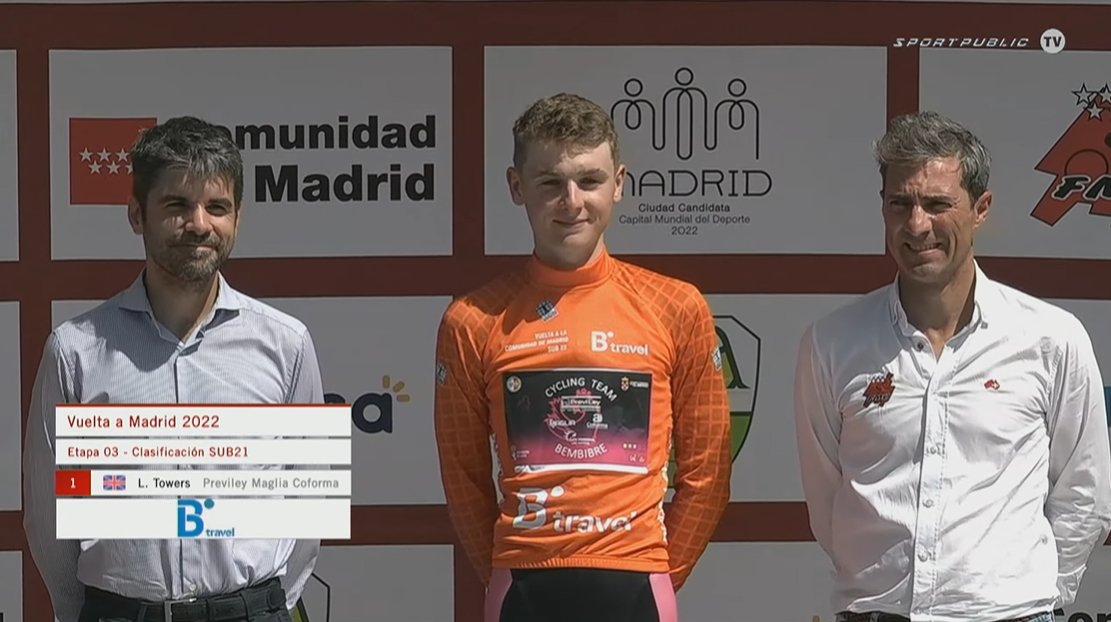 vueltamadridS23's tweet photo. #VueltaMadridSub23 En el podio ahora @LucasTowers (@PrevileyTeam) con el maillot de primer corredor sub-21 @bthetravelbrand https://t.co/0FmBYAGmNP