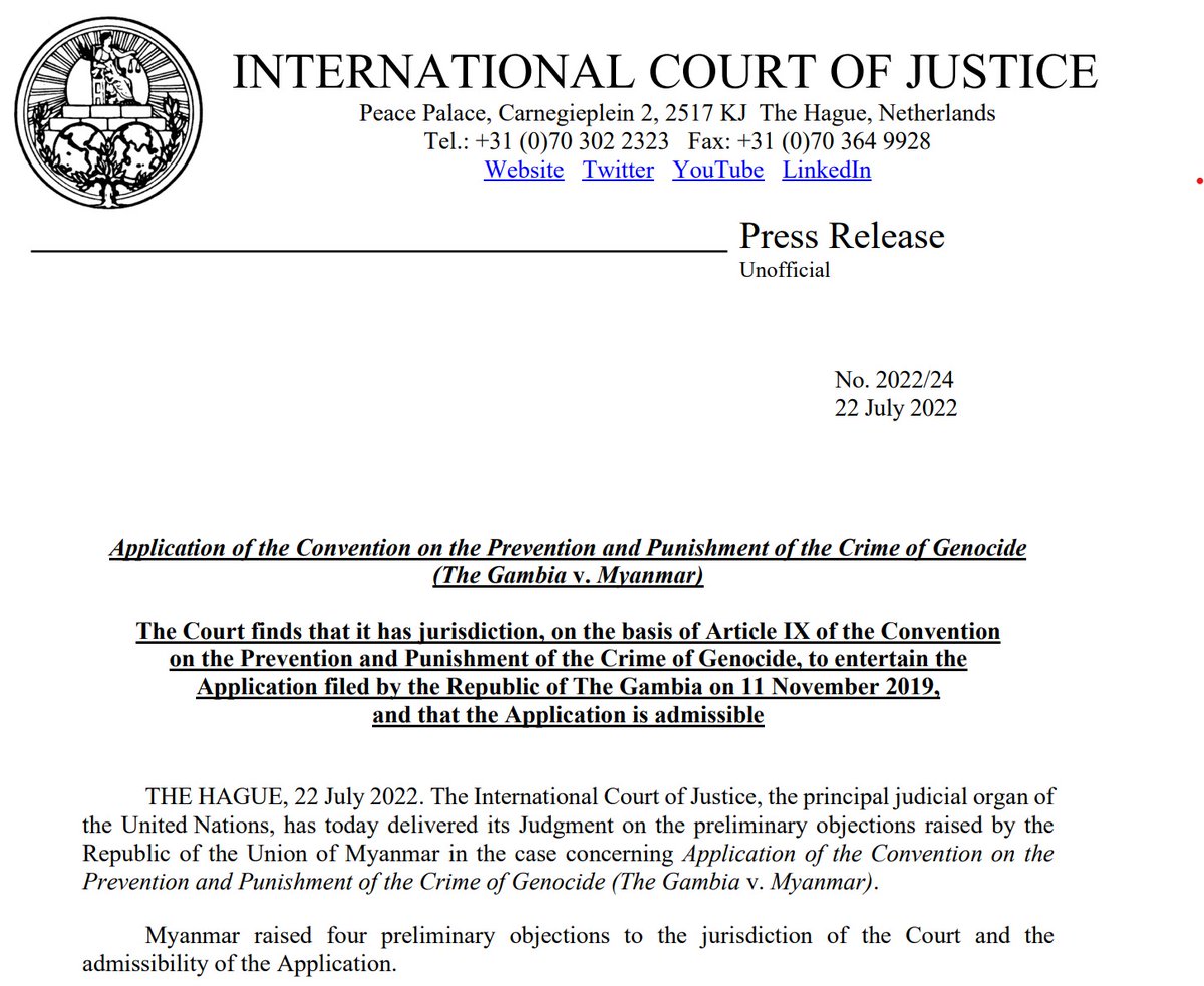 CIJ_ICJ's tweet photo. PRESS RELEASE: the #ICJ finds that it has jurisdiction to entertain The Gambia’s Application in the case #TheGambia v. #Myanmar, and that the said Application is admissible https://t.co/1gtekDmfGz https://t.co/4vuadwRw86