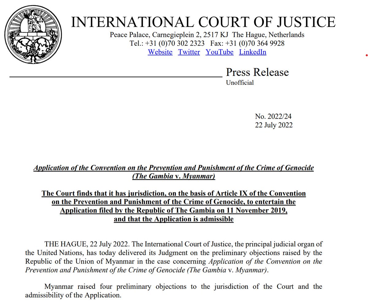 PRESS RELEASE: the #ICJ finds that it has jurisdiction to entertain The Gambia’s Application in the case #TheGambia v. #Myanmar, and that the said Application is admissible bit.ly/3aVYBJk