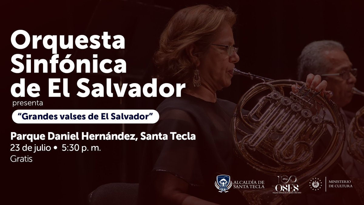 HenryFloresST's tweet image. ¡Histórico! 

Por primera vez en muchas décadas, la Orquesta Sinfónica de El Salvador se presentará en Santa Tecla.🤩

🗓 Sábado 23 de julio.
🕠 5:30 p.m.
📍 Parque Daniel Hernández.

Entrada GRATIS.

Somos la ciudad #1 del arte y la cultura.🙌🏻