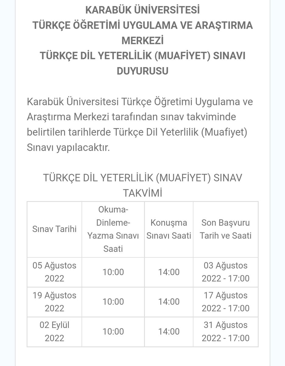 📢Karabük Üniversitesi TÖMER Türkçe Dil Yeterlilik Sınavı Başvuru Duyurusu📢

Başvuru yapmak ve başvuru için gerekli belgeleri öğrenmek için linke tıklayınız.

tomer.karabuk.edu.tr/icerikGoster.a…
