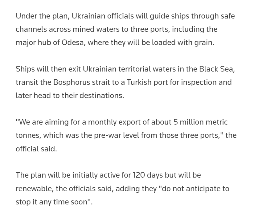 kannbwx's tweet photo. Ukraine, Russia, Turkey and the U.N. signed a deal Friday that aims to fully restore Ukrainian grain shipments from three major ports to pre-war levels within a few weeks. This excerpt from Reuters briefly describes the plan: https://t.co/IqJCWjouML