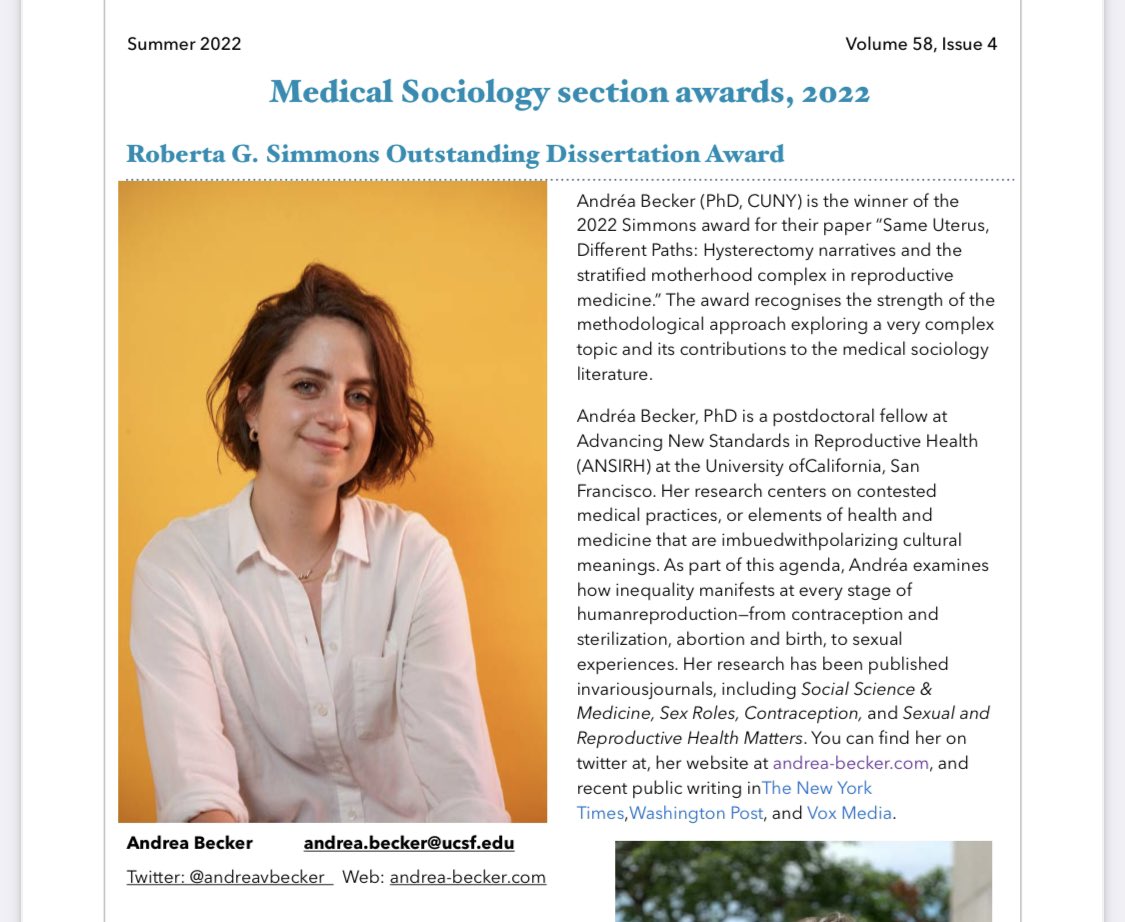 Andréa (Dre) Becker (@andreavbecker) on Twitter photo It’s finally announced! Super thrilled I’ve been awarded the Roberta G. Simmons Outstanding Dissertation Award.
I study elements of health that have been historically sidelined, so for my work to be recognized like this by <a href="/ASAnews/">ASA Sociology</a> means a lot to me. It’s finally announced! Super thrilled I’ve been awarded the Roberta G. Simmons Outstanding Dissertation Award.
I study elements of health that have been historically sidelined, so for my work to be recognized like this by <a href="/ASAnews/">ASA Sociology</a> means a lot to me.