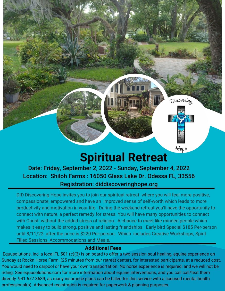 Join DID Discovering Hope for a spiritual retreat. registration is open. eventbrite.com/e/spiritual-oa…

#jesus #healingjourney #healingtrauma #equinetherapy #support #christianity #hope #faith #workshops #worship #mentalhealthrecovery #mentalhealth