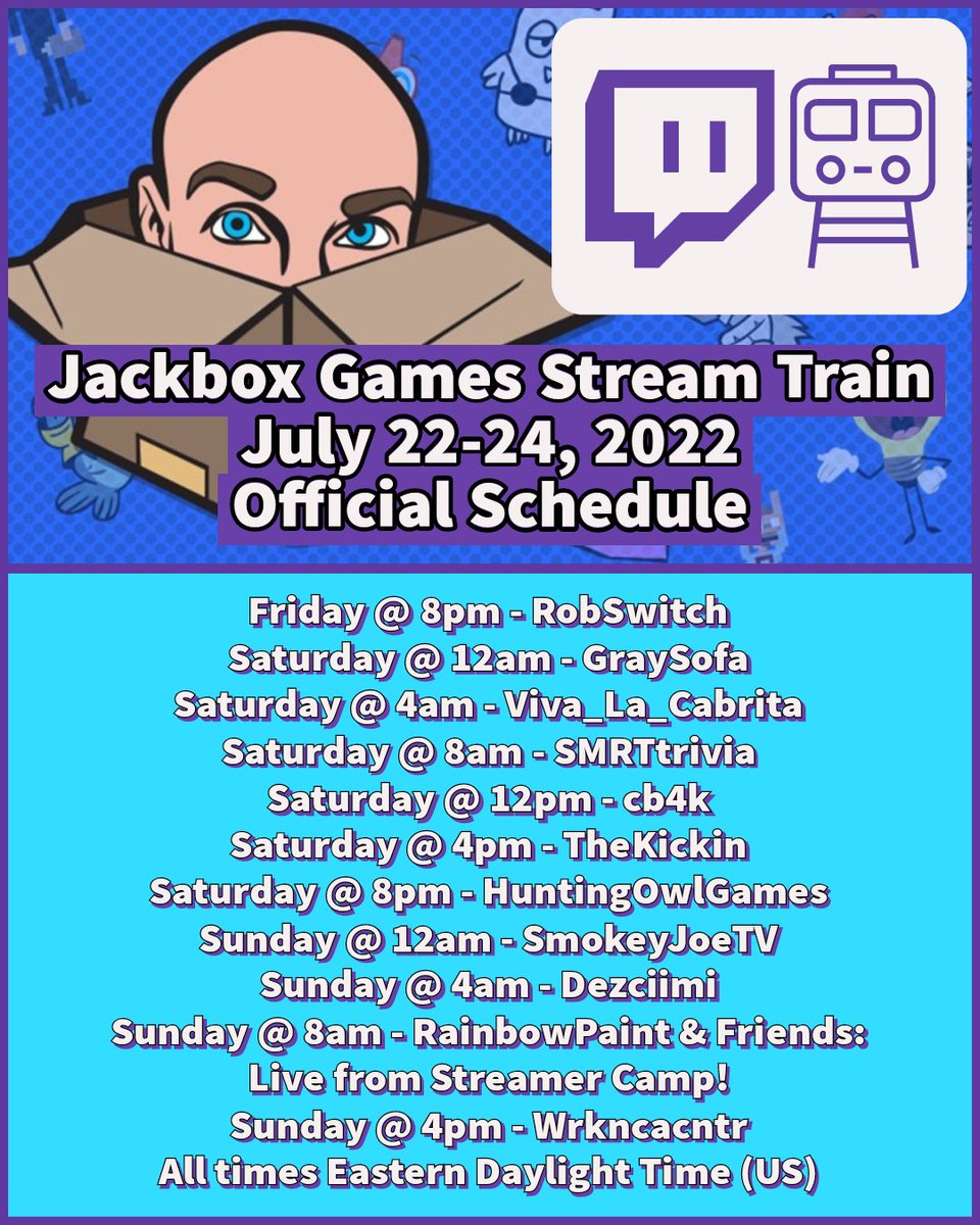 SMRTtrivia's tweet photo. 🚂 CHOO! CHOO! 🚂
We're live this weekend with an all-new Jackbox Games #StreamTrain!
The party kicks off at 8p EDT in "The Swamp" with @robswitch and will keep on rolling for 48 consecutive hours, all featuring incredible #Twitch streamers hosting your favorite @jackboxgames! https://t.co/8JicEvPZws