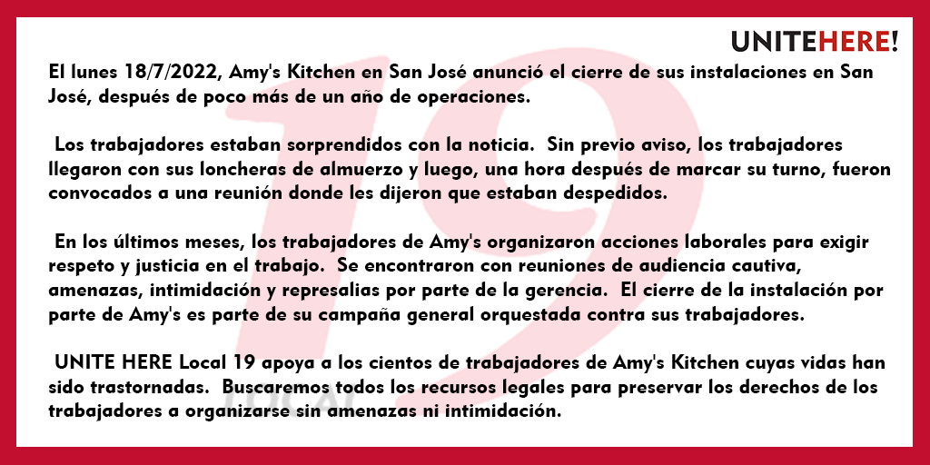 unitehere19es's tweet photo. Declaración del Local 19 sobre el reciente cierre de la planta de Amy's Kitchen en San José. #amyskitchen https://t.co/l2vGYDyaRm