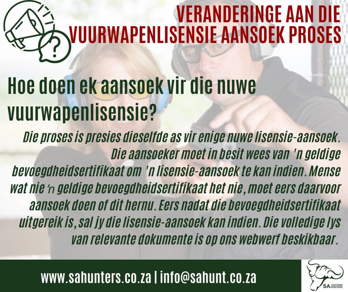 SAJagters's tweet photo. With the change in the firearm licence application process announced by SAPS recently, now is your opportunity to get your affairs in order. SA Hunters can support you - join today: https://t.co/1ZDrPA5Zg9 https://t.co/BPEHzOESGt