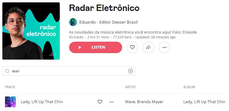My new single “Lady, Lift Up That Chin” is on “Radar Eletrônico” Deezer’s list that shows news of electronic music around the world!

<a href="/DeezerBR/">Deezer Brasil</a> <a href="/Deezer/">Deezer</a> 

deezer.com/en/playlist/52…