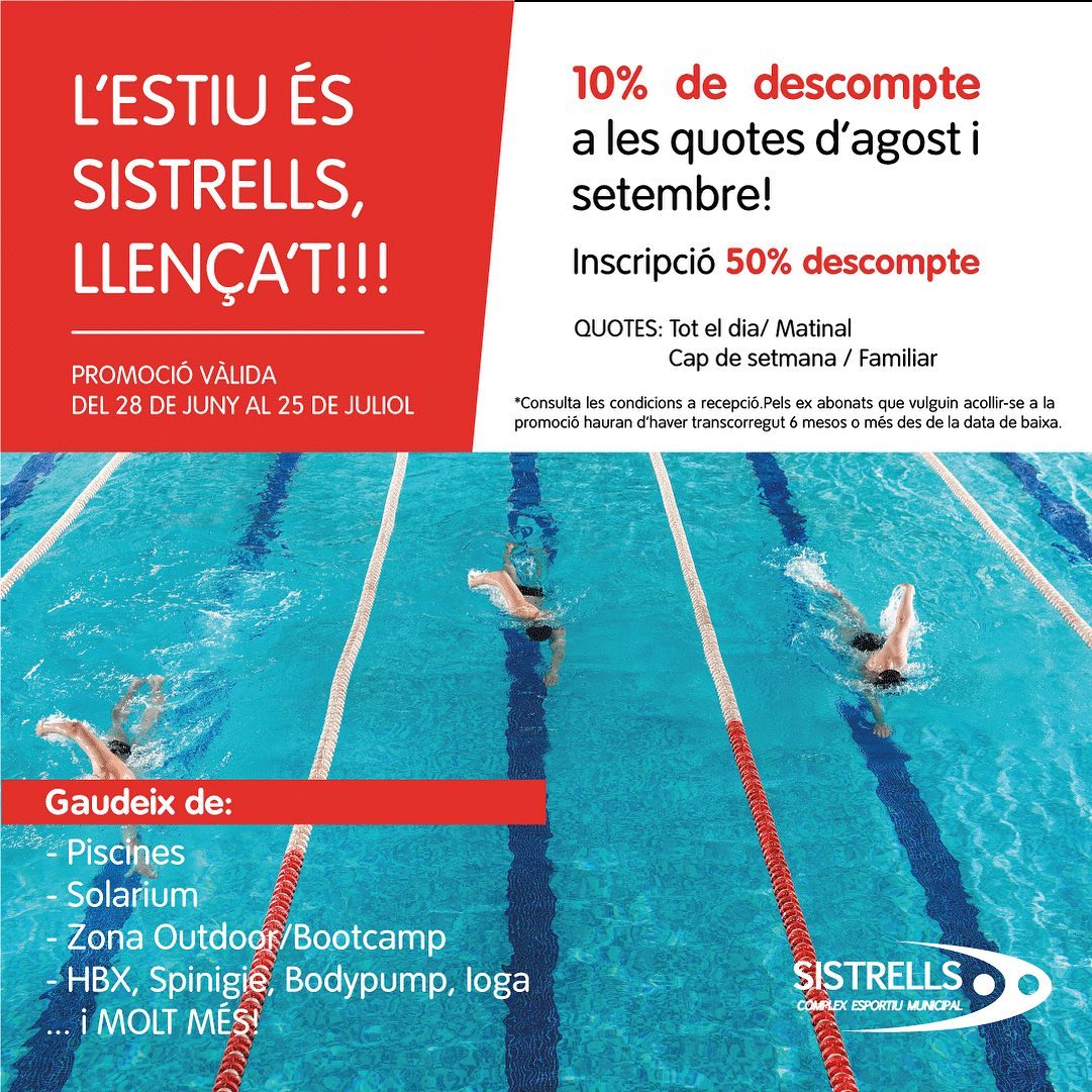 Cem_sistrells's tweet photo. Promoció de juliol🤘🏼
 L’estiu és SISTRELLS, llença’t!🪂

#cemsistrells #cemsistrellsbadalona #sistrells #badalona #bdn #Barcelona #BCN #gym #fitness #centreesportiu #activitats #activitat #salut #promoció #promo #oferta #descompte #descomptes #inscripció #gym #esport #juny #estiu https://t.co/BgcYfvNibL
