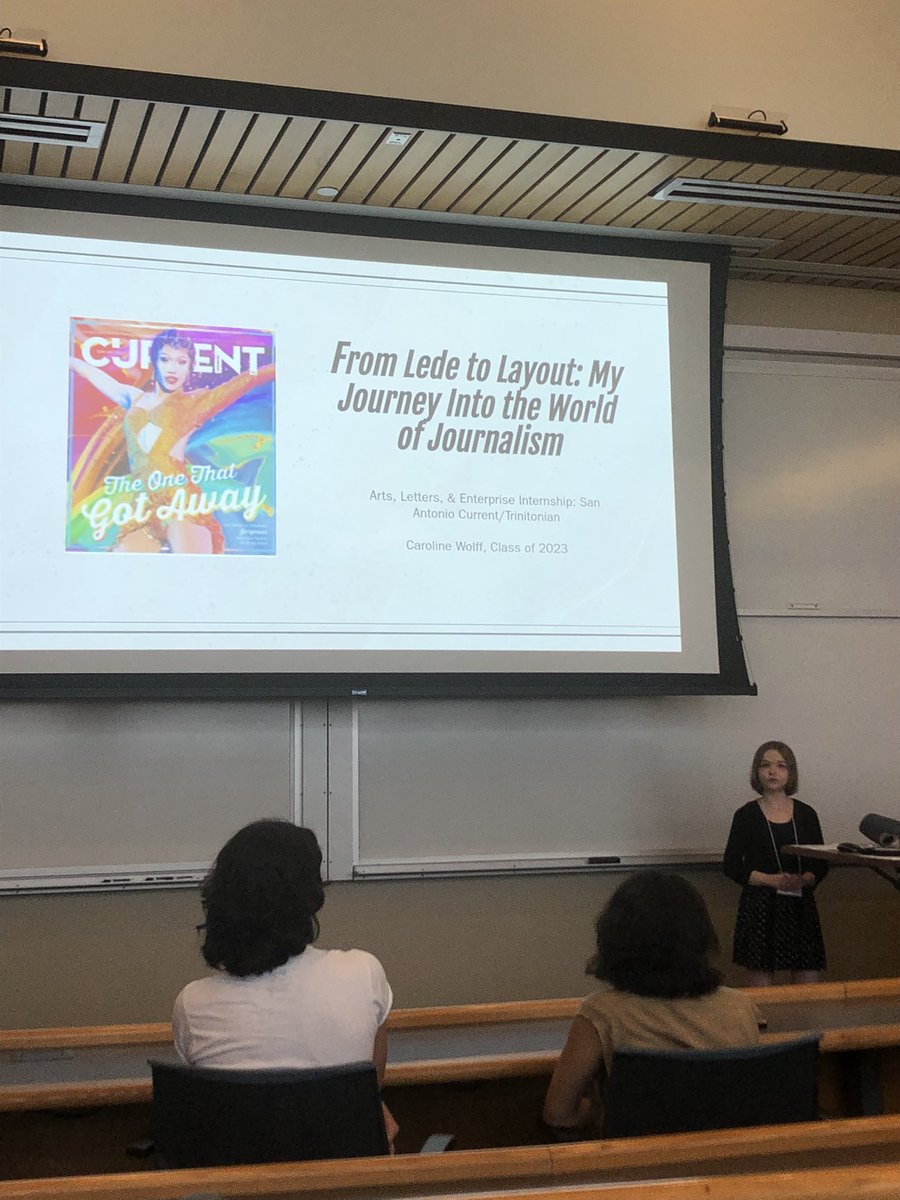 TingleJK's tweet photo. What a great presentation from @Trinity_U Arts, Letters, &amp; Enterprise #intern, Caroline Wolff! Thanks to the @SAcurrent &amp; @Trinitonian for providing such a meaningful learning experience for her. https://t.co/OeMCaBSp1R