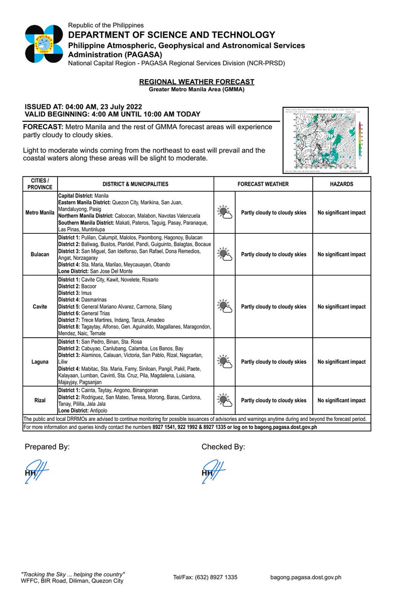 dost_pagasa's tweet photo. REGIONAL WEATHER FORECAST for GREATER METRO MANILA AREA (GMMA) #NCR_PRSD
Issued at: 4:00 AM, 23 July 2022
Valid Beginning: 4:00 AM - 10:00 AM today

https://t.co/fiReKijVAd https://t.co/HRQbyfAkmz