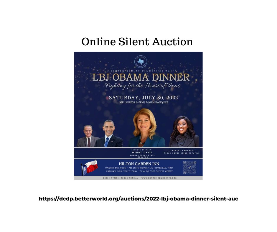 dcdp.betterworld.org/auctions/2022-… From now until August 5 at Midnight the Denton County Democratic Party is having a silent auction as part of our LBJ-Obama Dinner Fundraiser. There will be new items added daily.  Live performances, Dallas Cowboy tickets and a Mixologist are highlights.