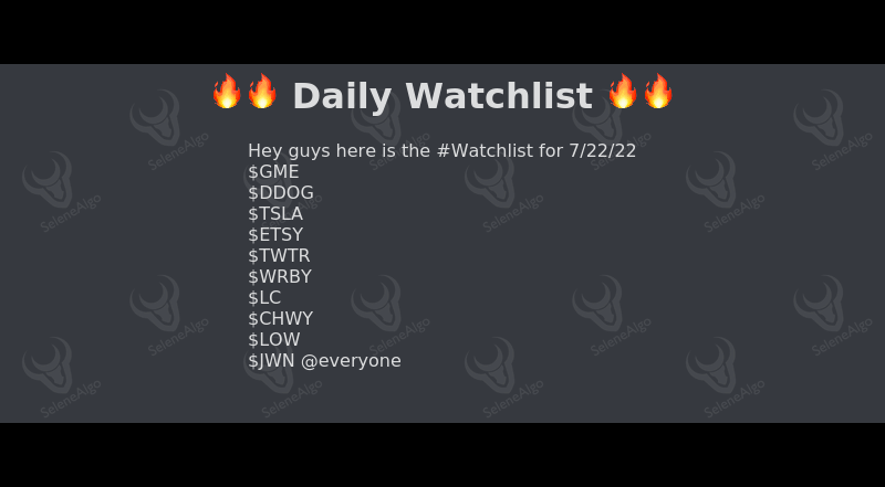 SeleneAlgo's tweet photo. Daily #Watchlist
$GME $DDOG $TSLA $ETSY $TWTR $WRBY $LC $CHWY $LOW $JWN
------------------------
#GME #DDOG #TSLA #ETSY #TWTR #WRBY #LC #CHWY #LOW #JWN
#StockMarket #stocks #DayTrading #SwingTrading #OptionsTrading #Charts #Trading https://t.co/8pcX3hJJrx