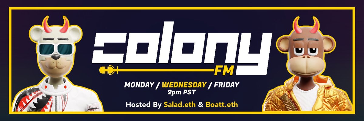 How essential is NFT utility? 

What utility do you look for in a project? 

I would love to hear your thoughts during today's episode of #ColonyFM!

Come join the discussion today at 2 pm pst. 

Link to set a reminder👇:
x.com/i/spaces/1nAJE…