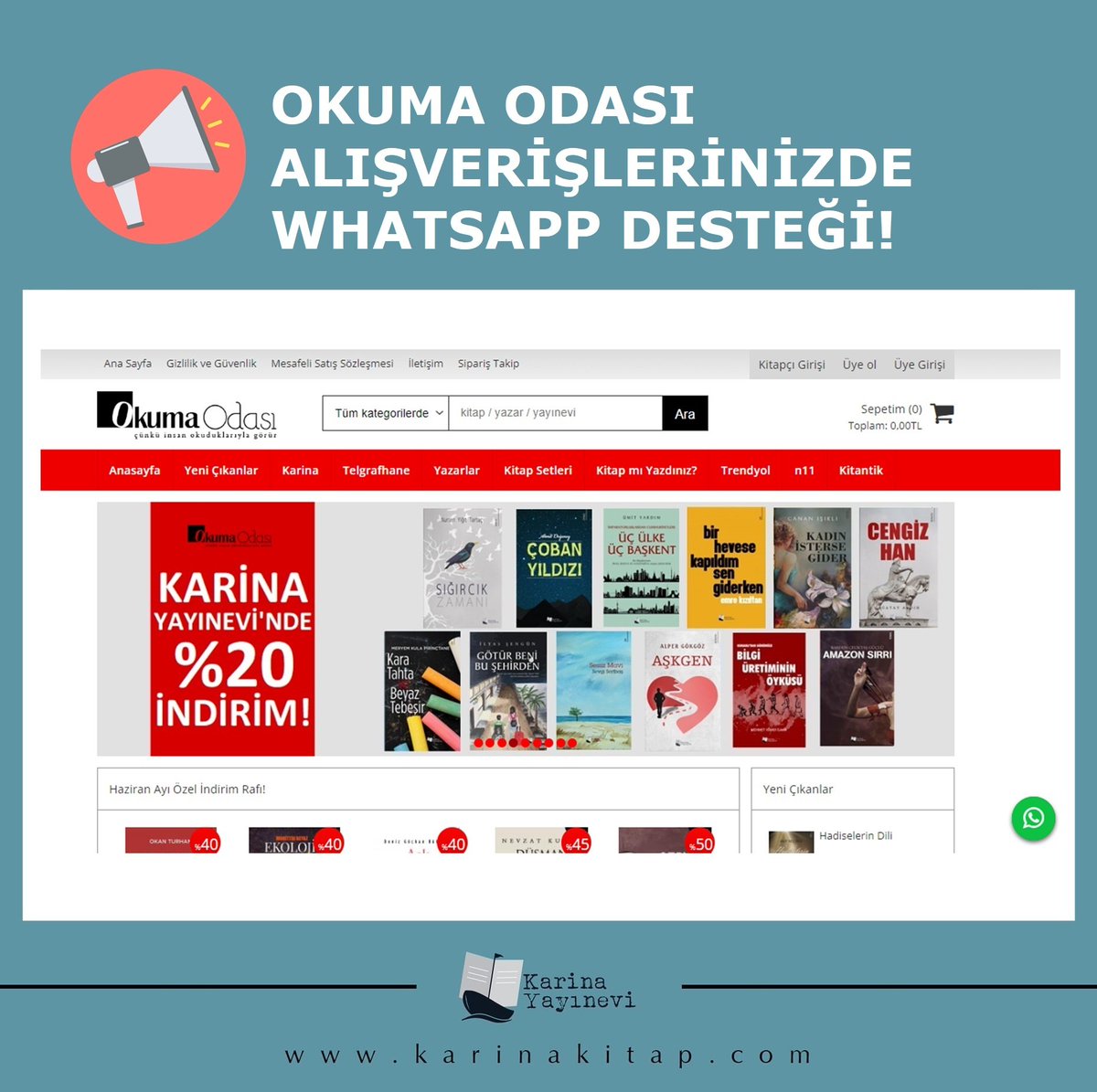 📢 Bundan böyle Okuma Odası alışverişlerinizde herhangi bir problemle karşılaştığınızı düşündüğünüzde, sayfanın sağ alt köşesinde çıkan whatsapp ikonuna tıklayarak, satış sorumlumuza ulaşabilirsiniz. 

#karinayayınevi #okumaodası #kitap #kitaplar #indirimlikitaplar