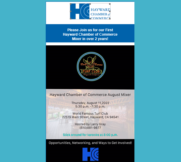Our mixers are back! Don't miss out this August 11th from 5:30 PM to 7:30 PM for our mixer at the World Famous Turf Club, located at 22519 Main St. Hayward, CA, 94541. We hope to see you there.